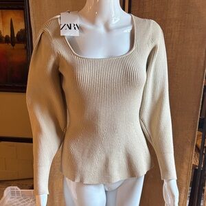 ZARA Beige Ribbed Scoop-Neck Sweater